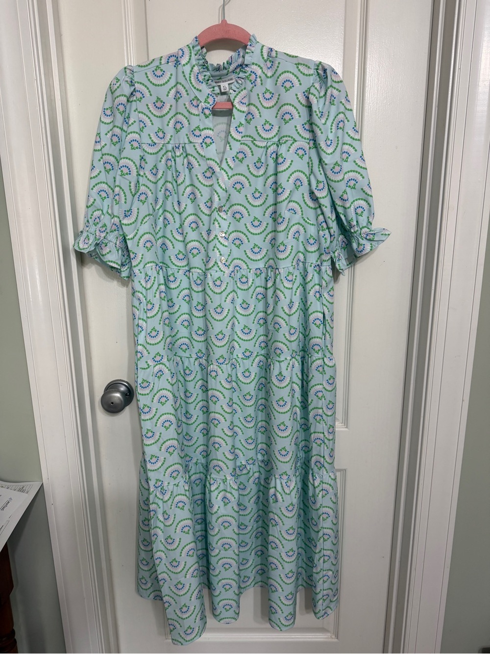Light Blue Printed Midi Dress with Ruffle Sleeves